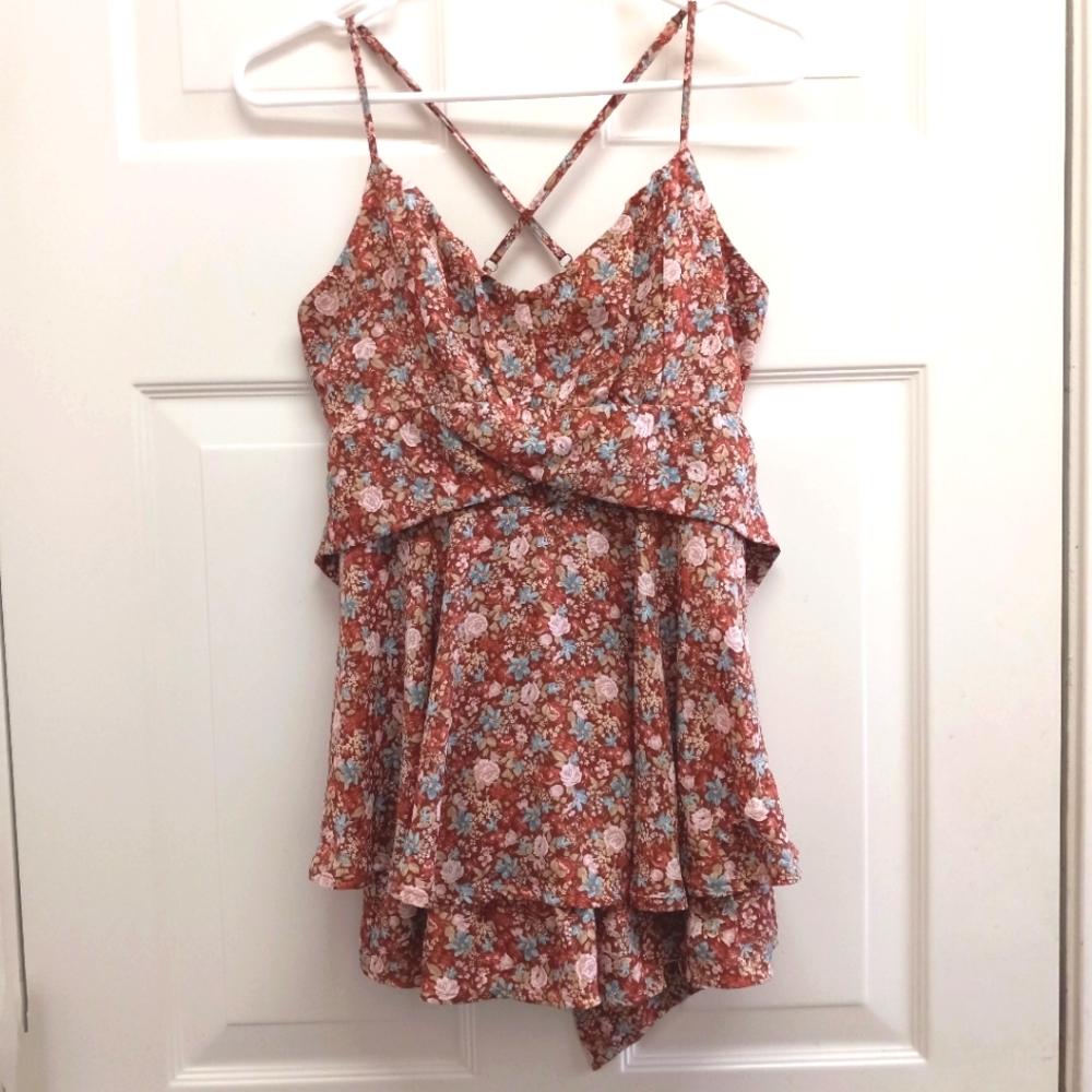 Altar'd State Floral Romper Babydoll Brown Large Boho Coquette Cottagecore
